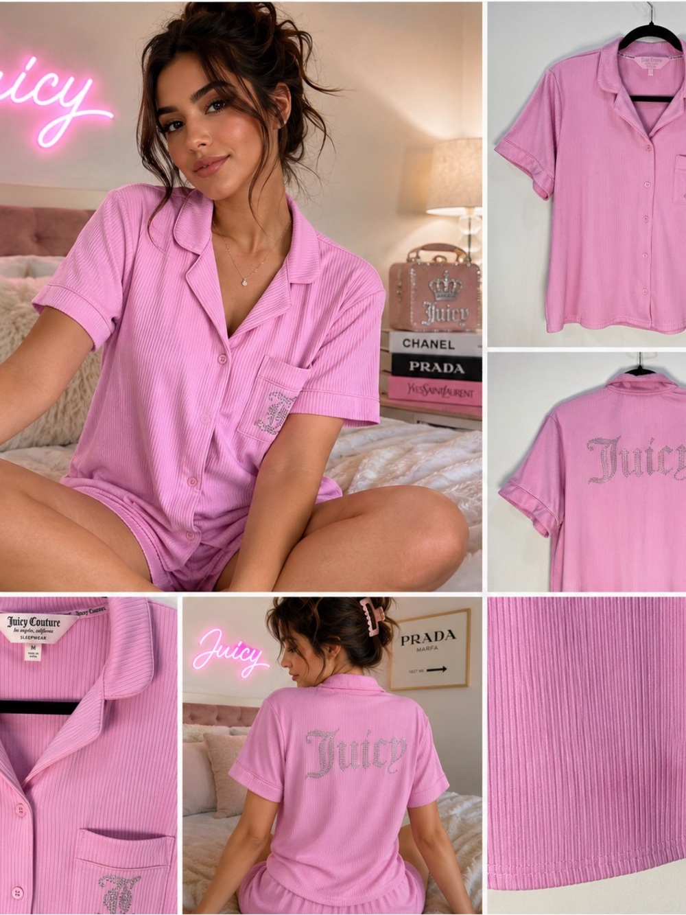 Juicy Couture Pajama Sleep Shirt Medium Pink Coquette Ribbed Y2K Rhinestone Logo